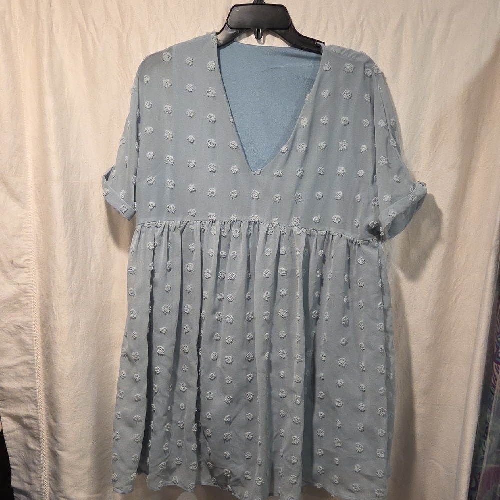 Blue Cuffed Sleeve V-Neck Mini Sundress